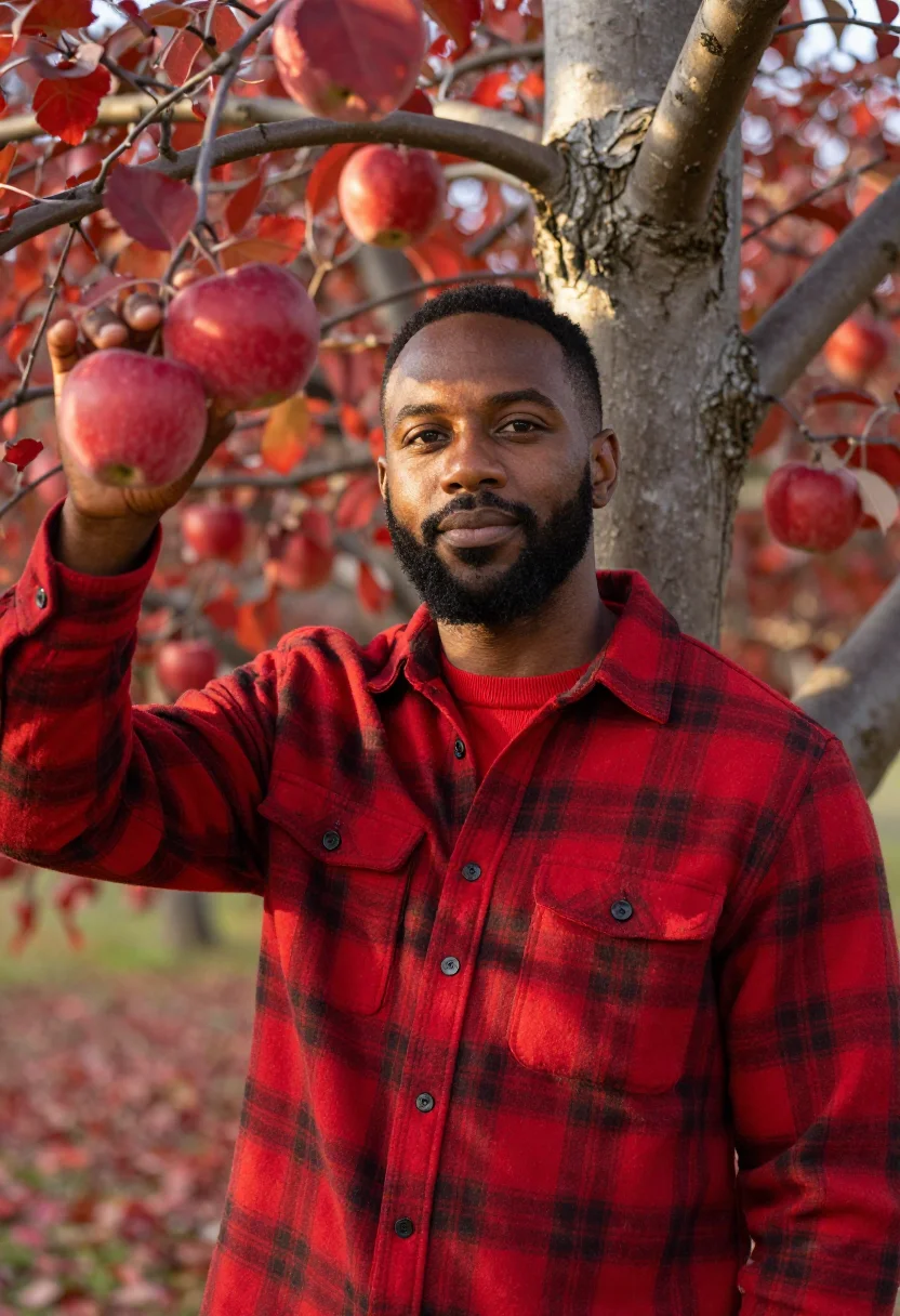 AI apple orchard plaid red sample — portrait of a man, framed half-length from the hips up, a mo