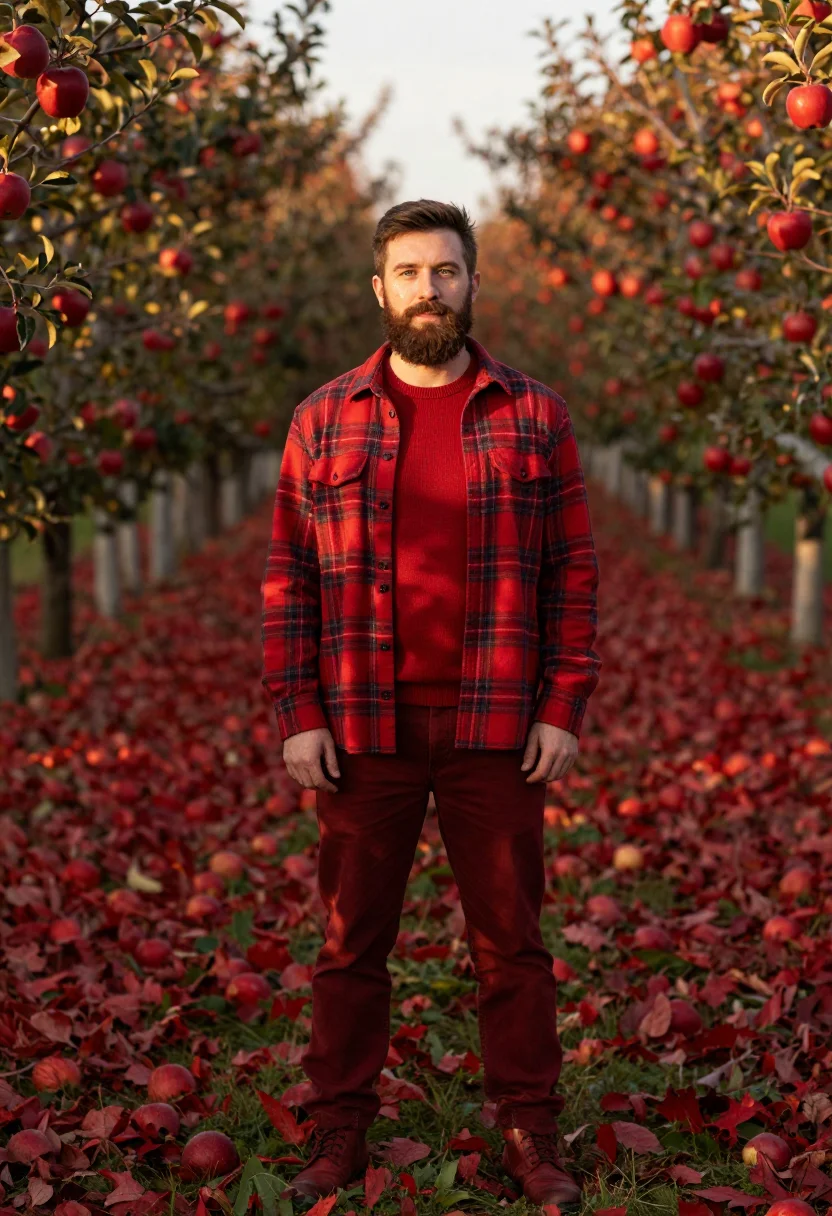 AI apple orchard plaid red sample — portrait of a man, framed chest-up, the crop stopping at the