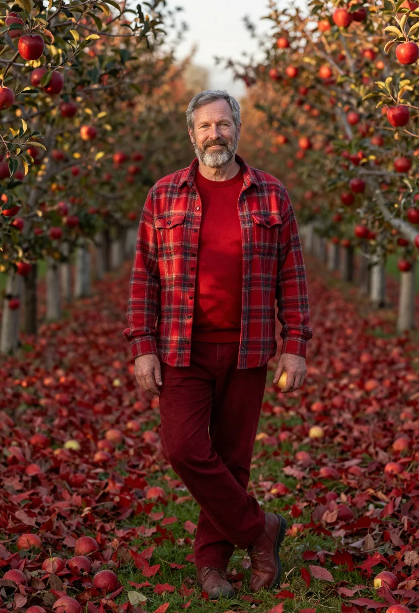 AI apple orchard plaid red sample — portrait of a man, framed full-length from head to shoes wit
