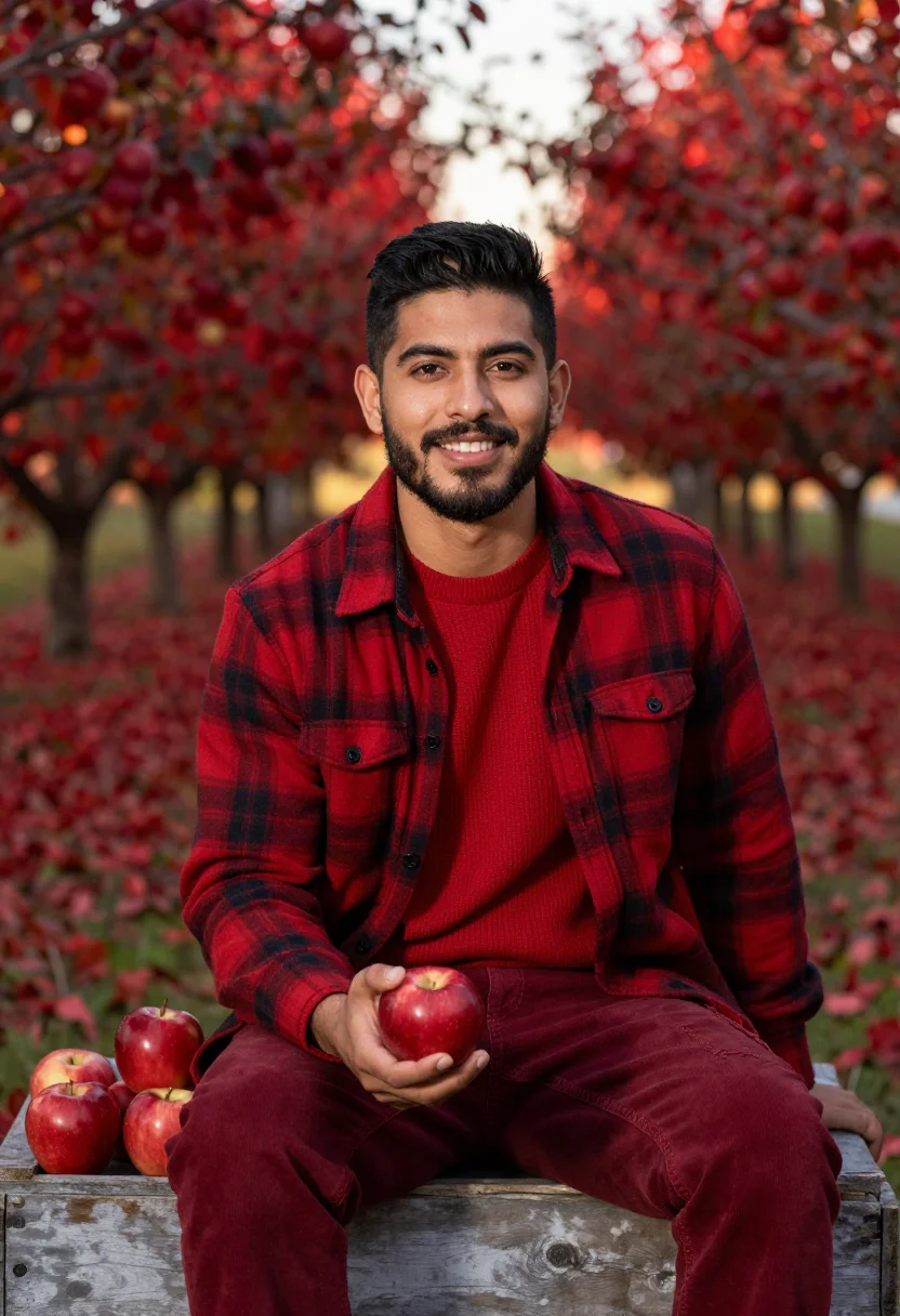 AI apple orchard plaid red sample — portrait of a man, framed chest-up, the crop stopping at the