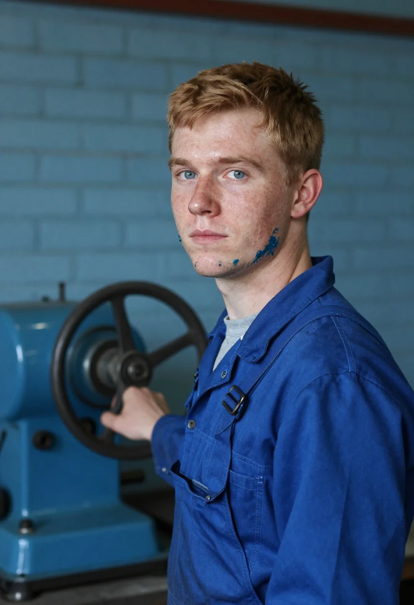 AI apprentice blue overalls sample — portrait of a man, framed chest-up, cropped at the ribs, the