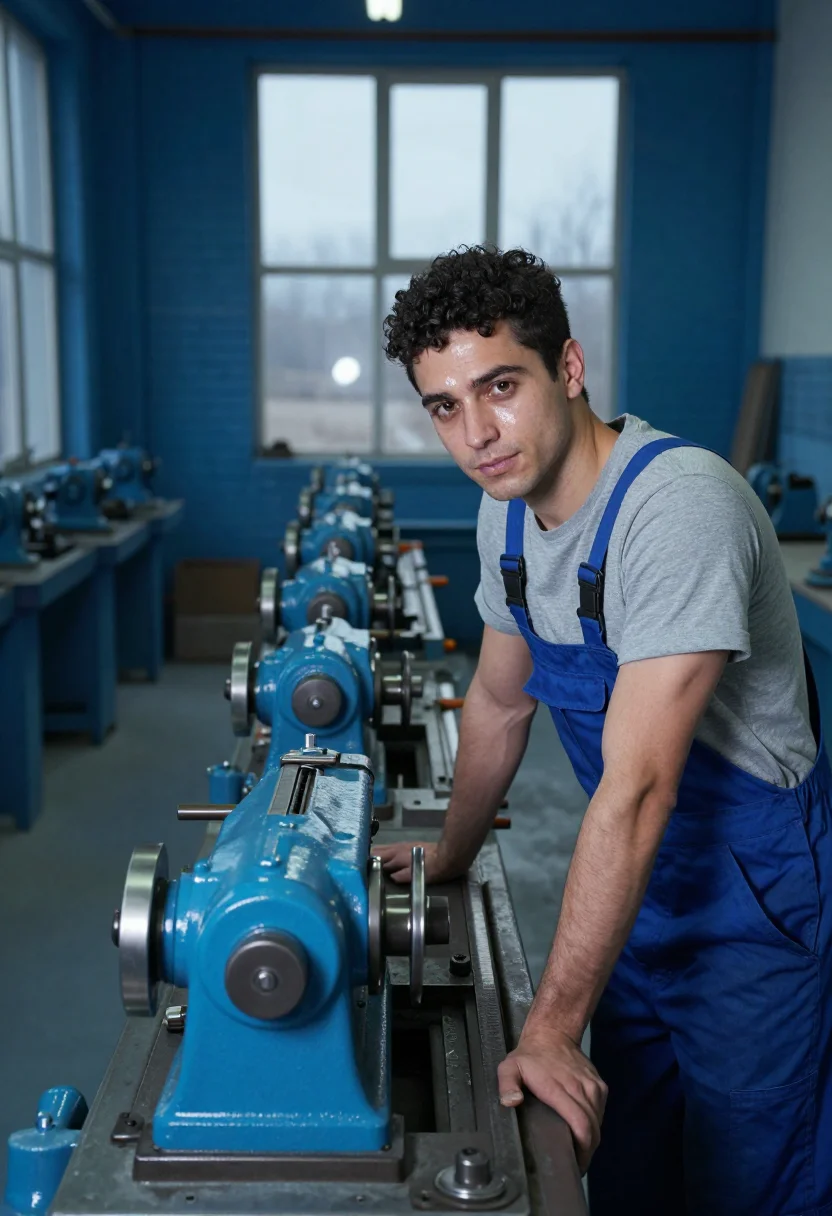AI apprentice blue overalls sample — portrait of a man, framed chest-up, cropped at the ribs, the