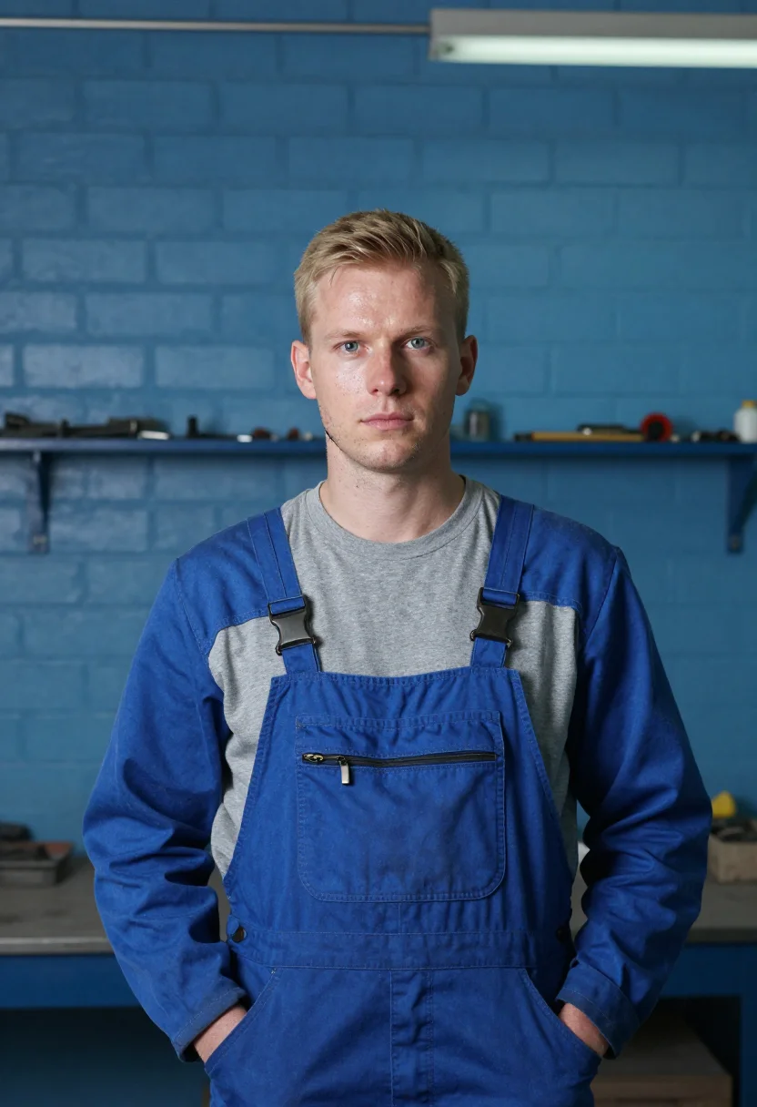 AI apprentice blue overalls sample — portrait of a man, framed chest-up, cropped at the ribs, the