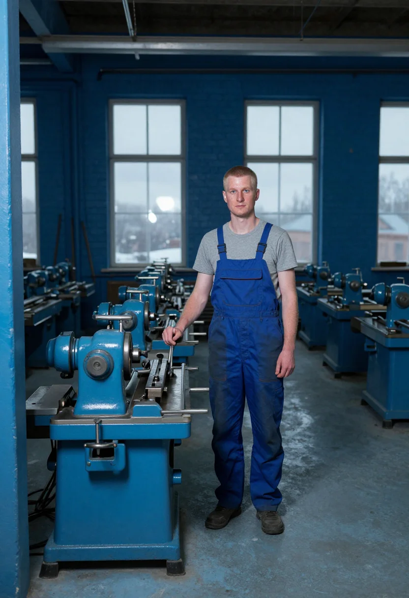 AI apprentice blue overalls sample — portrait of a man, framed wide and full-length from the work