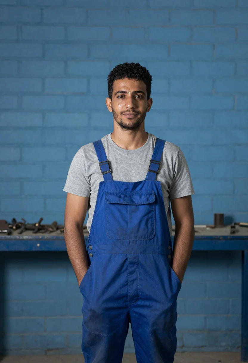 AI apprentice blue overalls sample — portrait of a man, framed half-length from the head to the h