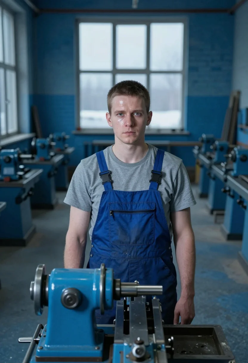 AI apprentice blue overalls sample — portrait of a man, framed tight, head and shoulders, the bod