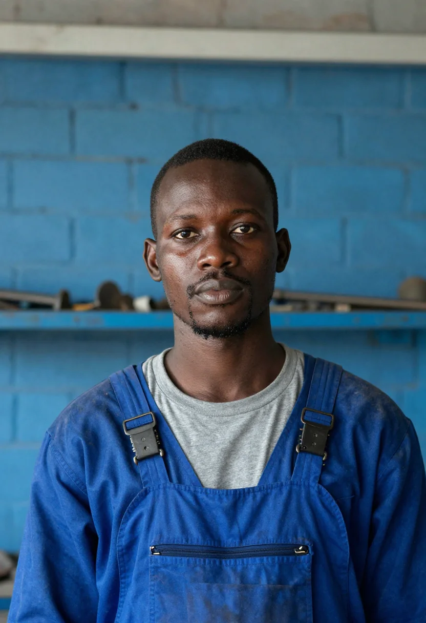 AI apprentice blue overalls sample — portrait of a man, framed tight, head and shoulders, the bod