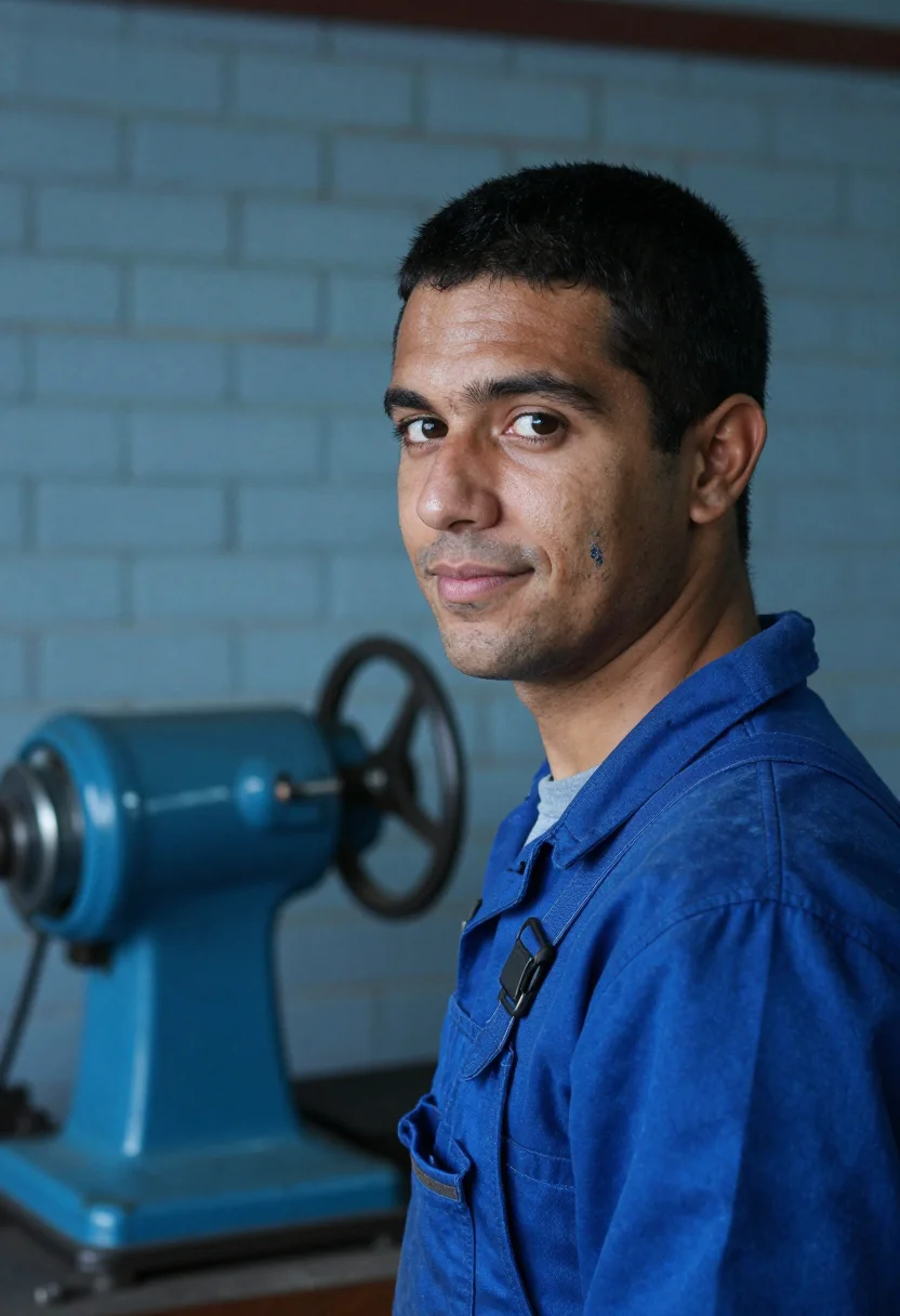 AI apprentice blue overalls sample — portrait of a man, framed tight, head and shoulders from a t