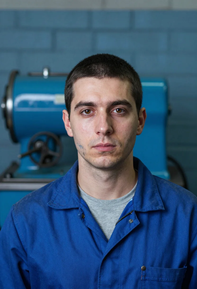 AI apprentice blue overalls sample — portrait of a man, framed tight, head and shoulders, the bod