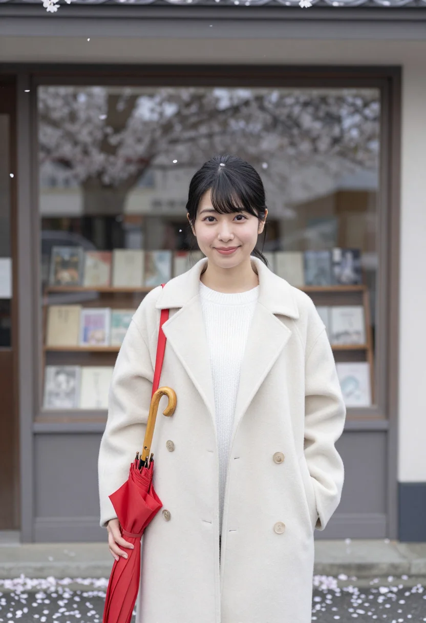 AI april story musashino cherry petals red umbrella sample — portrait of a woman, in her mid-twenties of Japanese descent