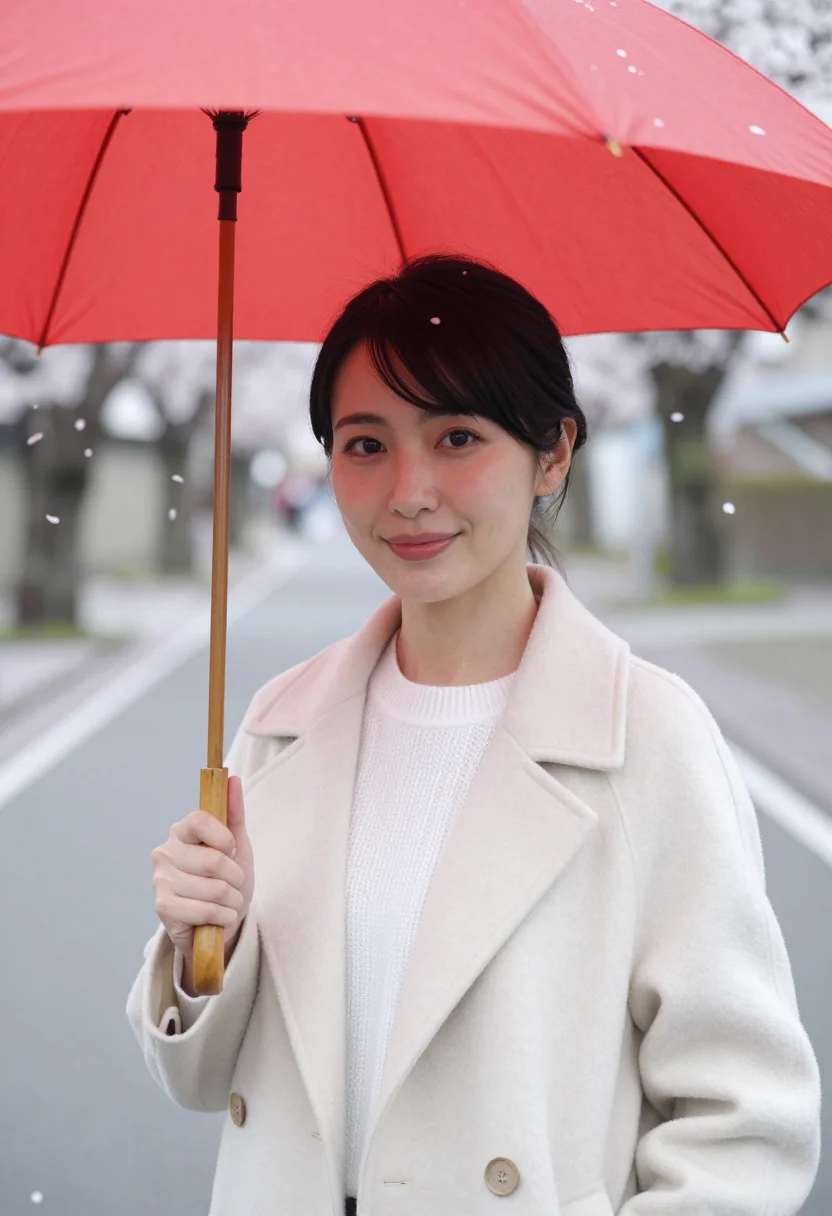 AI april story musashino cherry petals red umbrella sample — portrait of a woman, in her mid-twenties of Japanese descent