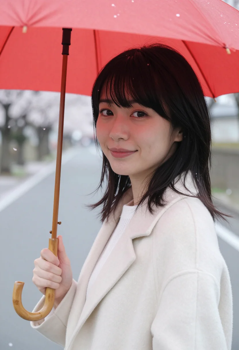 AI april story musashino cherry petals red umbrella sample — portrait of a woman, in her early twenties of Japanese desce