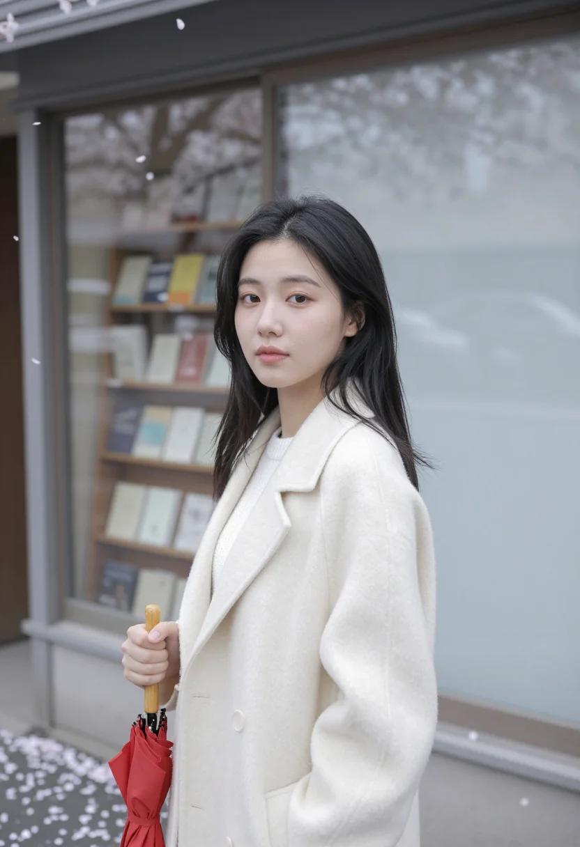 AI april story musashino cherry petals red umbrella sample — portrait of a woman, in her early twenties of Korean descent