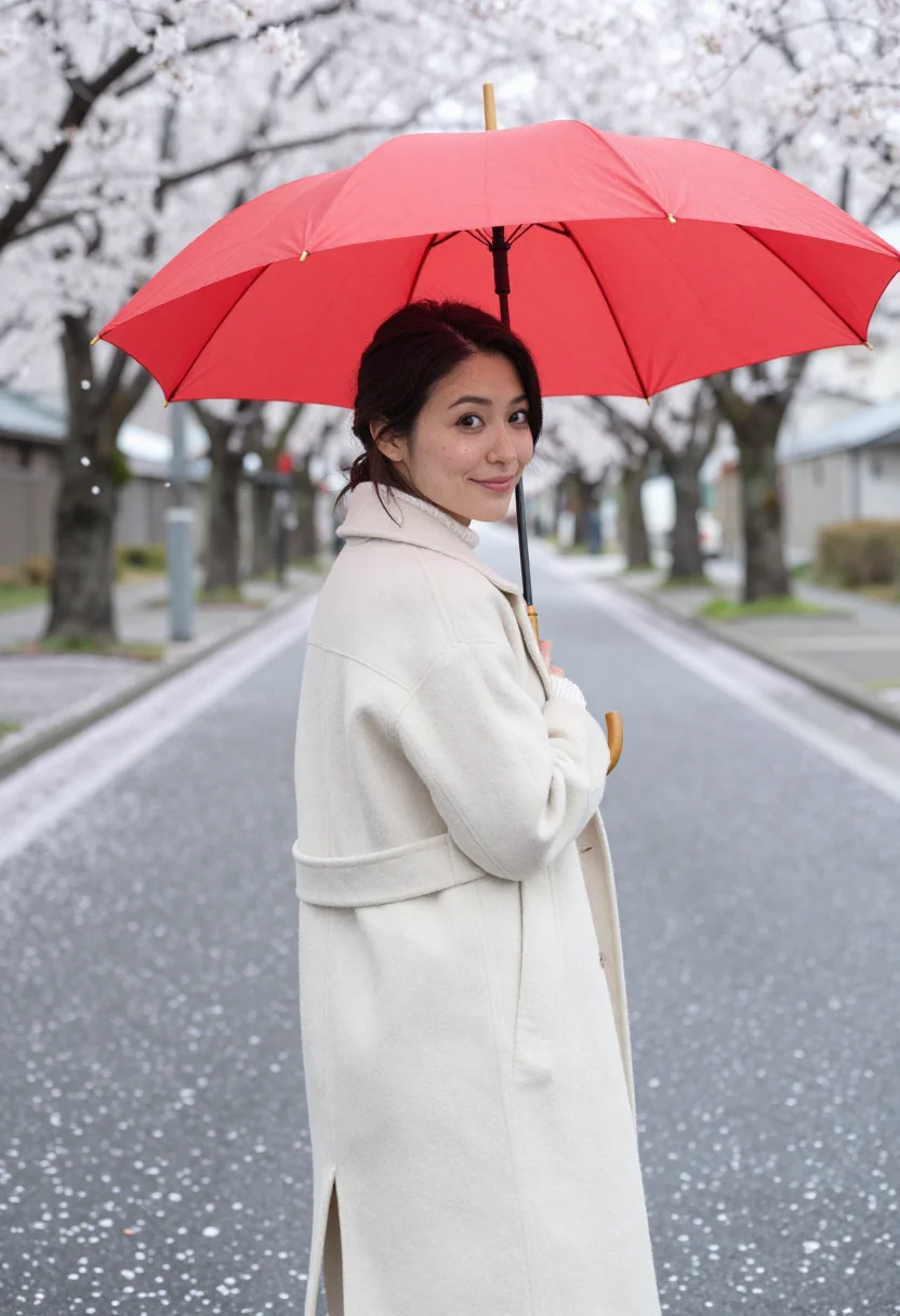 AI april story musashino cherry petals red umbrella sample — portrait of a woman, in her early twenties of Japanese desce