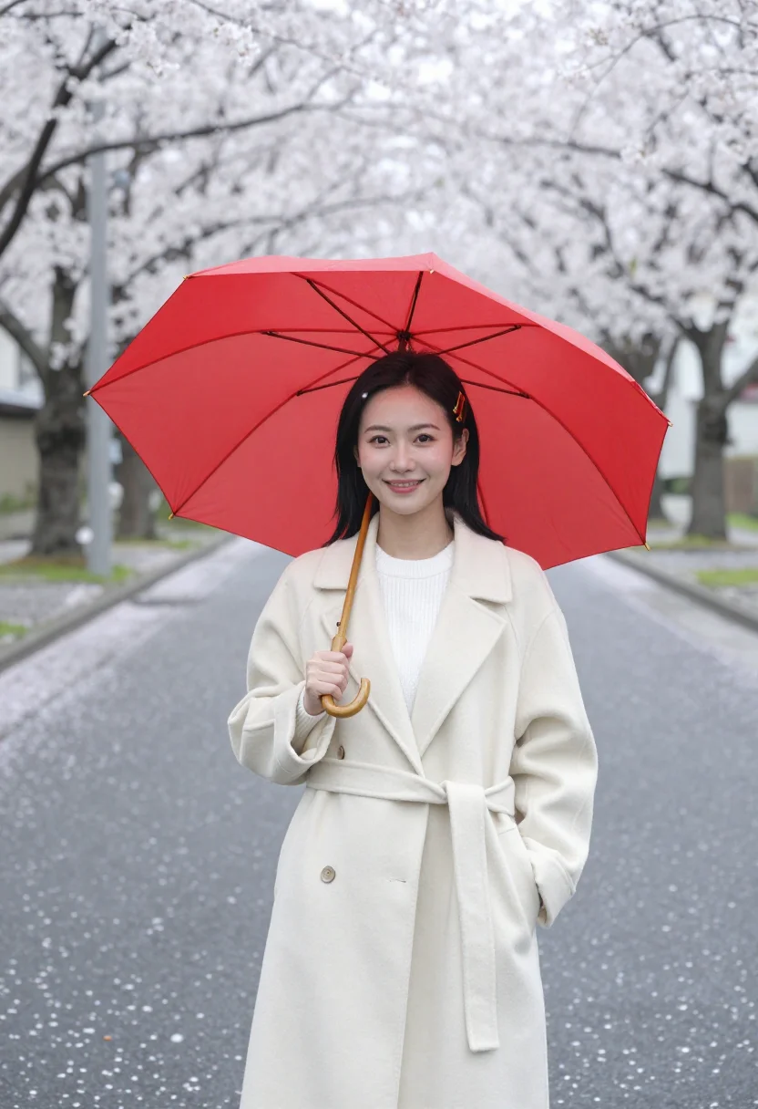 AI april story musashino cherry petals red umbrella sample — portrait of a woman, in her late twenties of Chinese descent