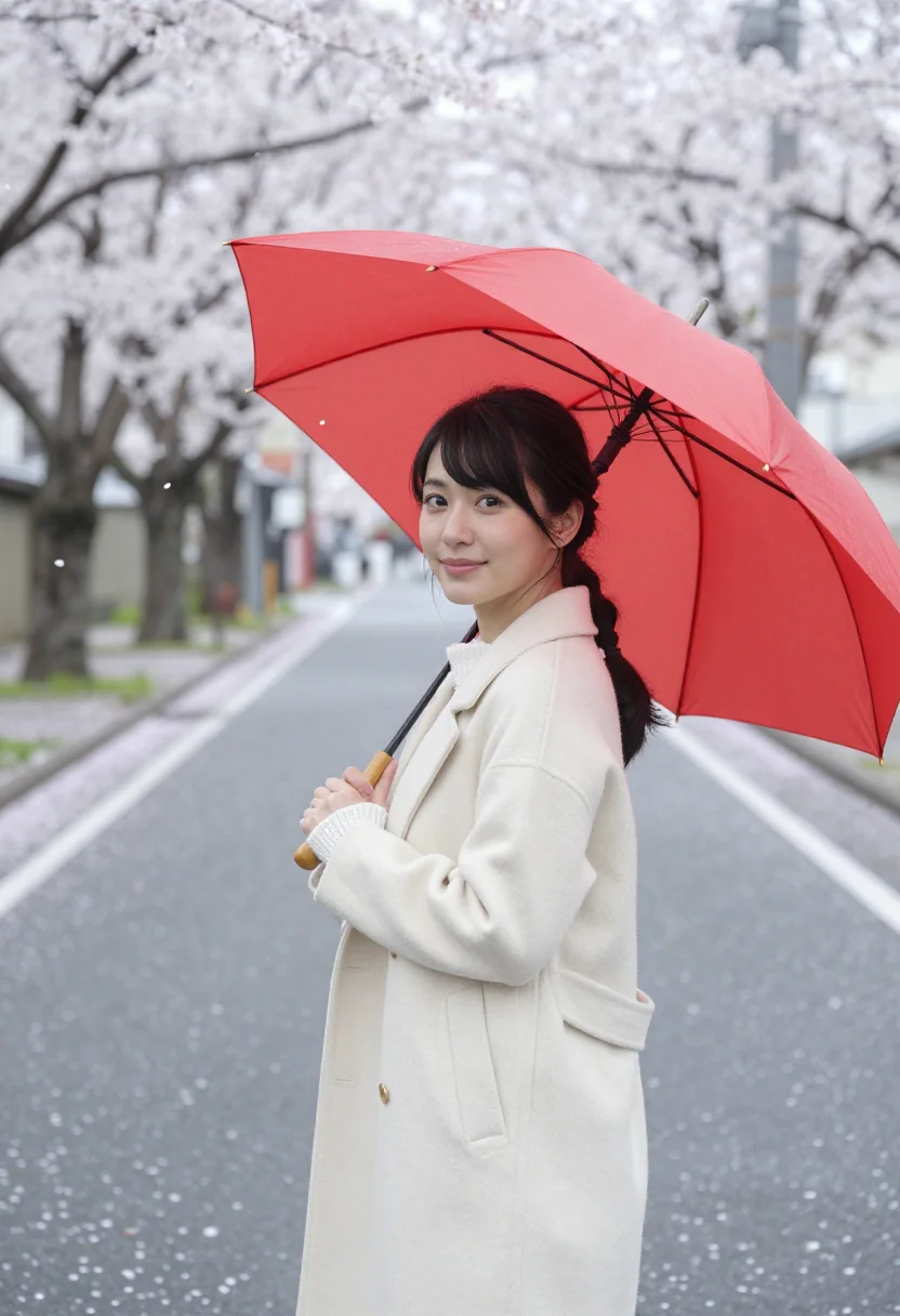 AI april story musashino cherry petals red umbrella sample — portrait of a woman, in her mid-twenties of Japanese descent