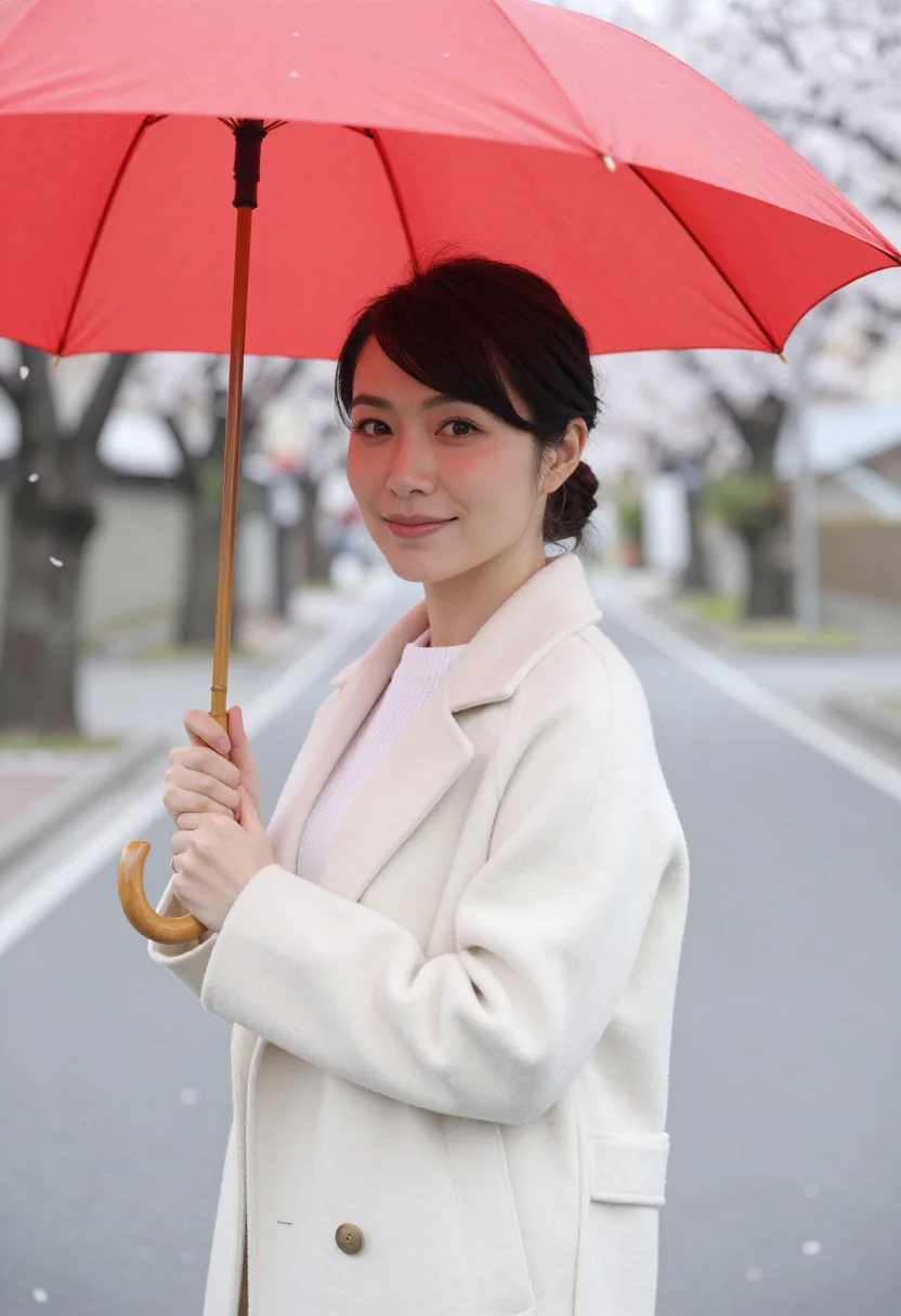 AI april story musashino cherry petals red umbrella sample — portrait of a woman, in her late twenties of mixed Japanese