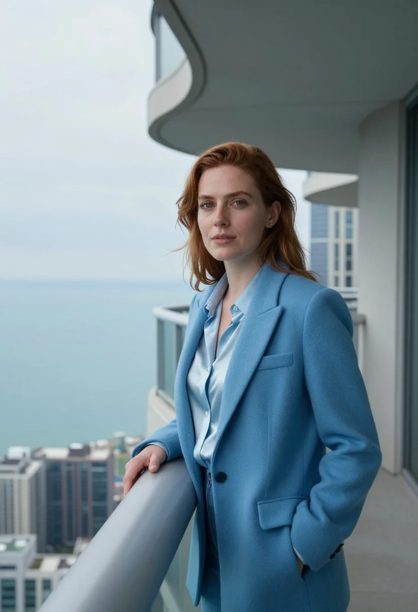 AI aqua tower architect wave blue sample — portrait of a woman, in her early thirties, with fair skin,