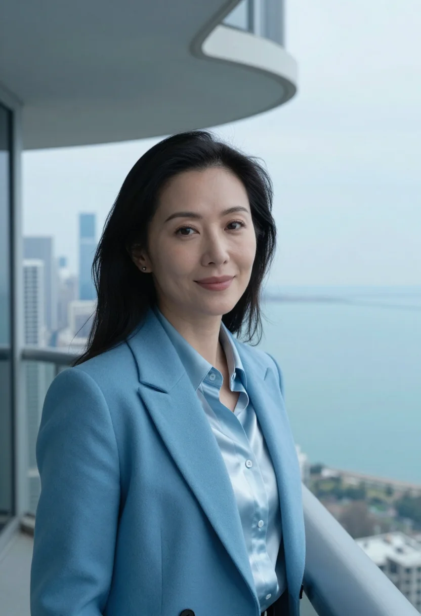 AI aqua tower architect wave blue sample — portrait of a woman, in her mid-thirties, with warm ivory sk
