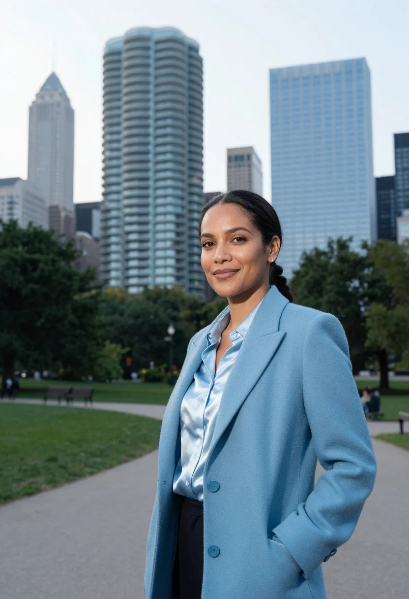 AI aqua tower architect wave blue sample — portrait of a woman, in her late thirties, with warm brown s