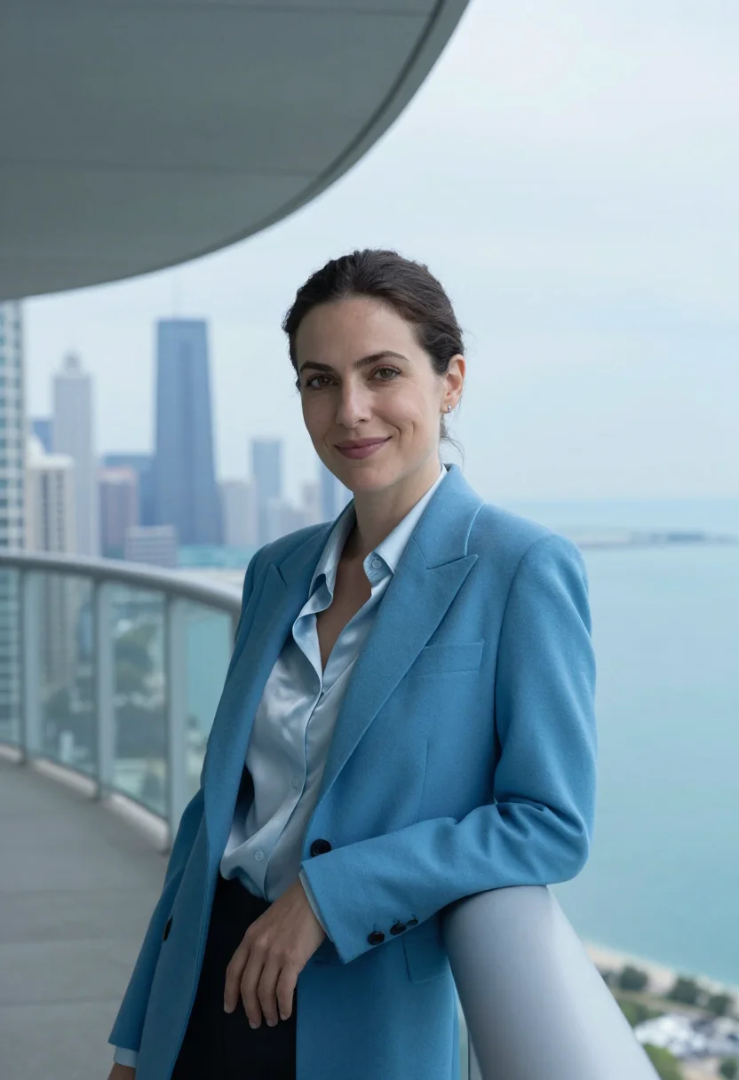 AI aqua tower architect wave blue sample — portrait of a woman, in her early forties, with olive skin,