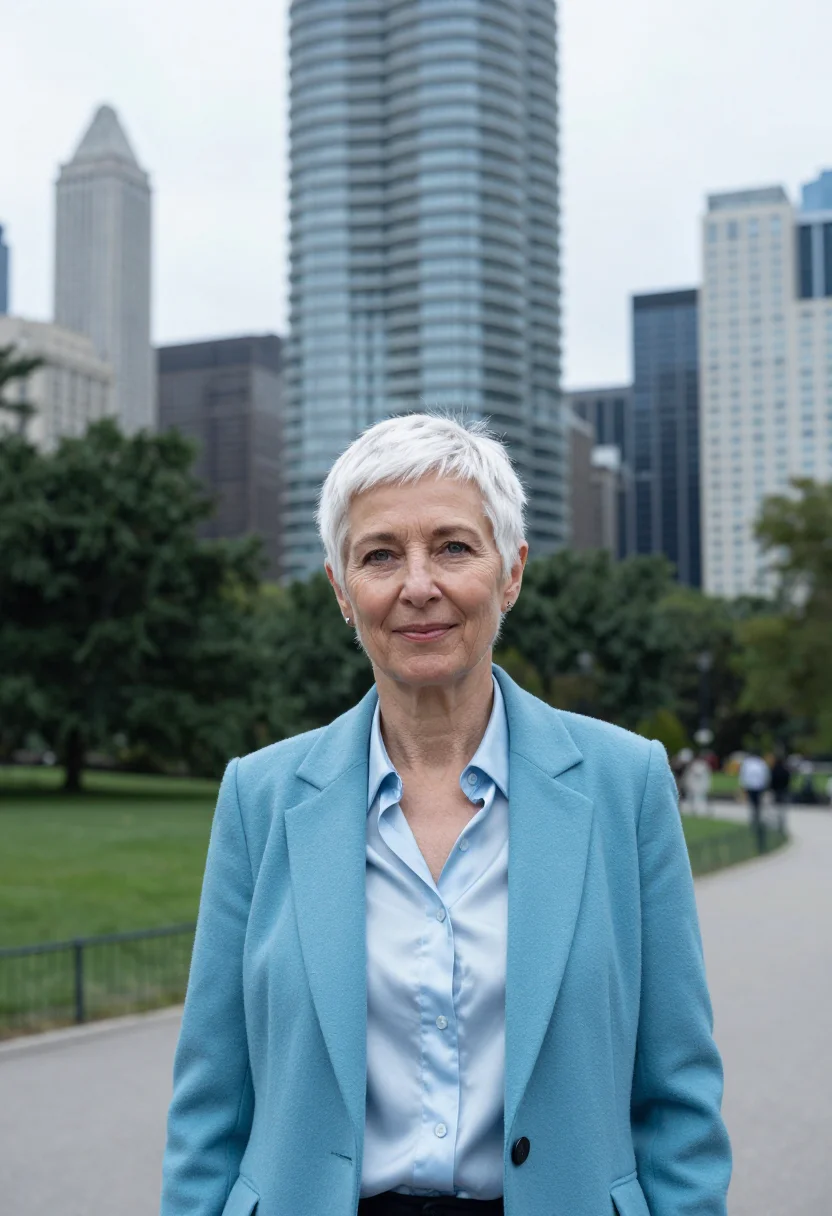 AI aqua tower architect wave blue sample — portrait of a woman, in her late fifties, with fair skin, gr