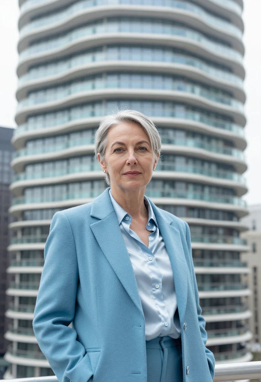 AI aqua tower architect wave blue sample — portrait of a woman, in her early fifties, with fair skin, b