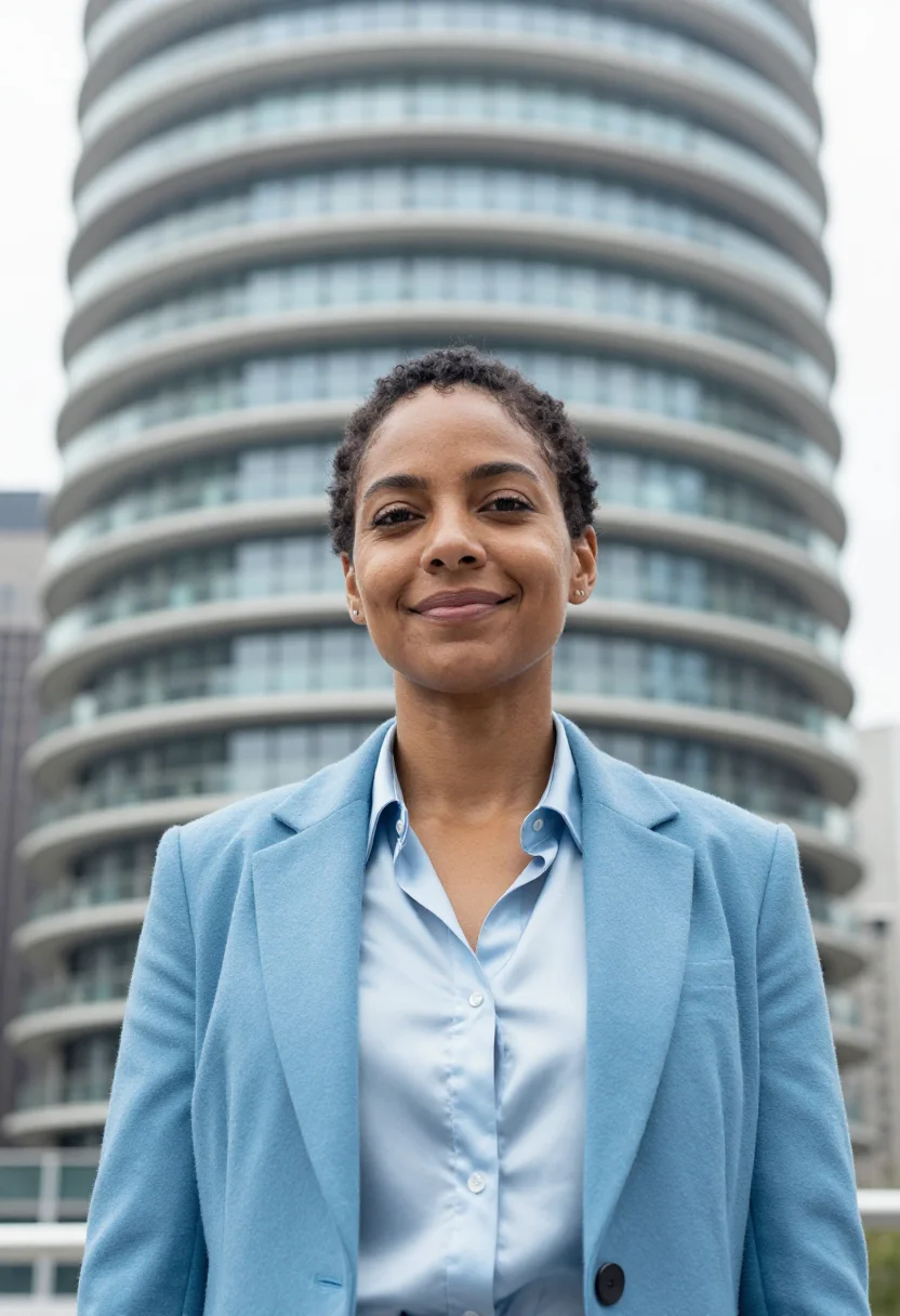AI aqua tower architect wave blue sample — portrait of a woman, in her forties, with deep brown skin, d