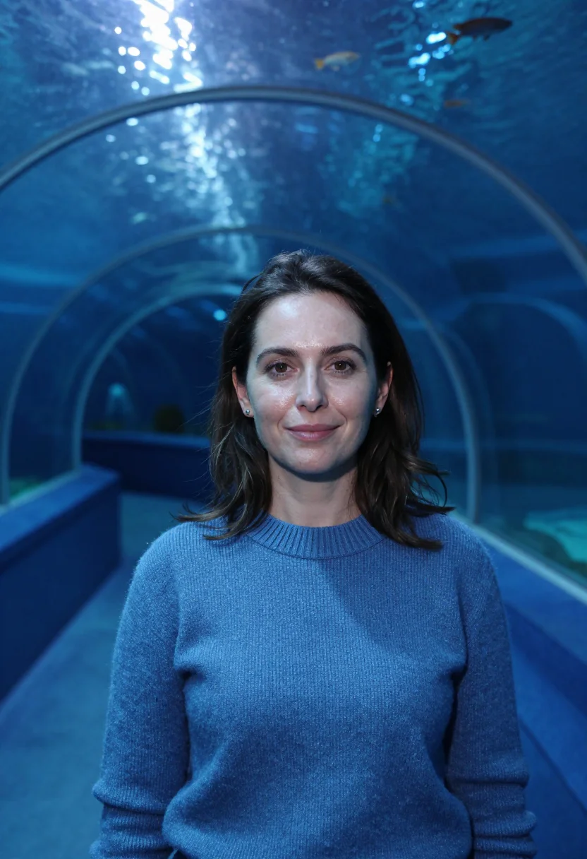 AI aquarium tunnel blue sample — portrait of a woman, framed chest-up, cropped at the ribs, t