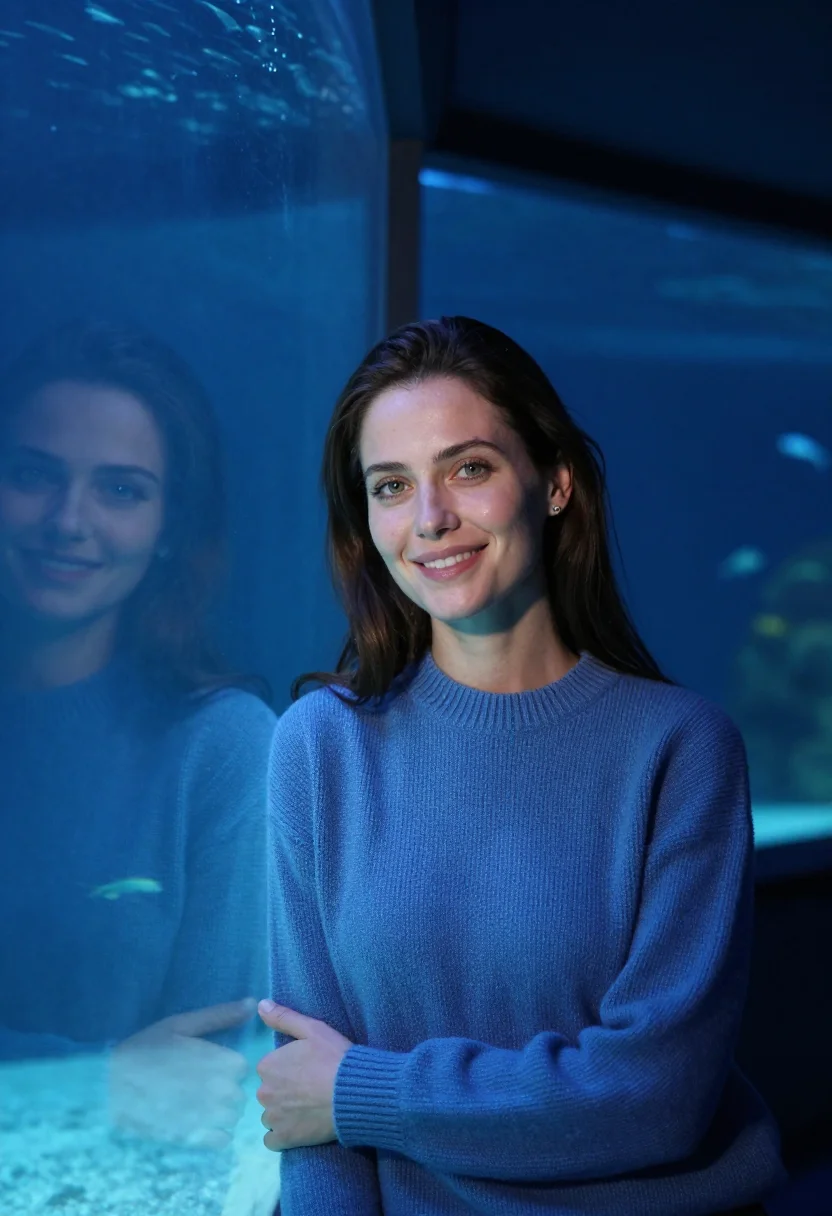 AI aquarium tunnel blue sample — portrait of a woman, framed half-length from the head to the