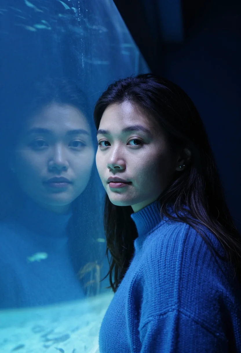AI aquarium tunnel blue sample — portrait of a woman, framed tight, head and shoulders, the b
