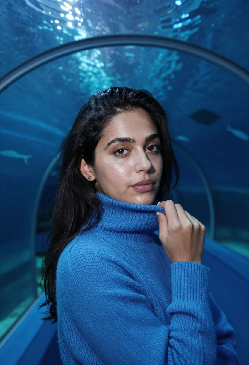 AI aquarium tunnel blue sample — portrait of a woman, framed chest-up, cropped at the ribs, t