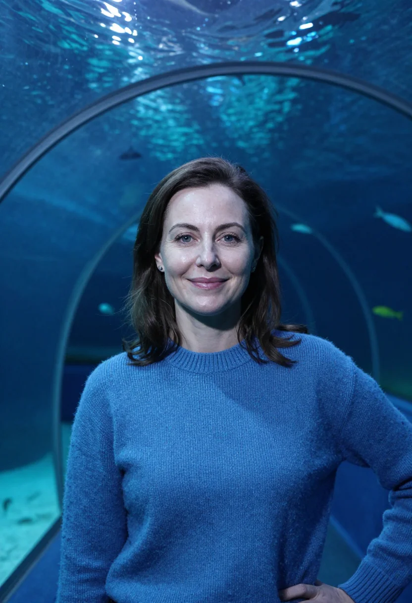 AI aquarium tunnel blue sample — portrait of a woman, framed half-length from the head to the
