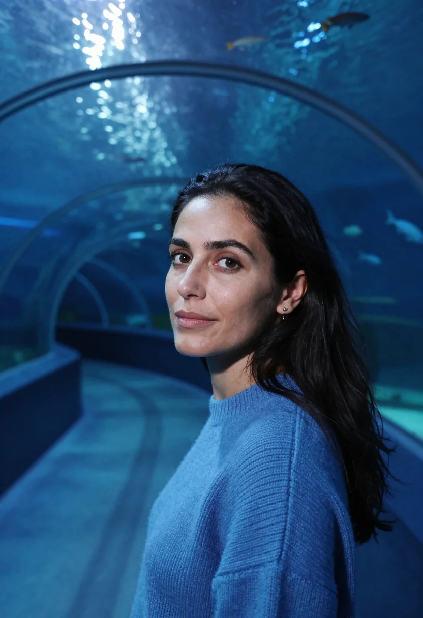 AI aquarium tunnel blue sample — portrait of a woman, framed tight, head and shoulders, the b