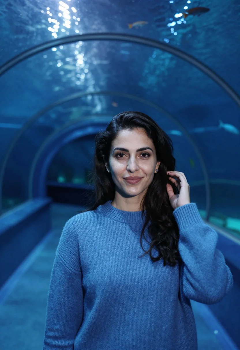 AI aquarium tunnel blue sample — portrait of a woman, framed half-length from the head to the