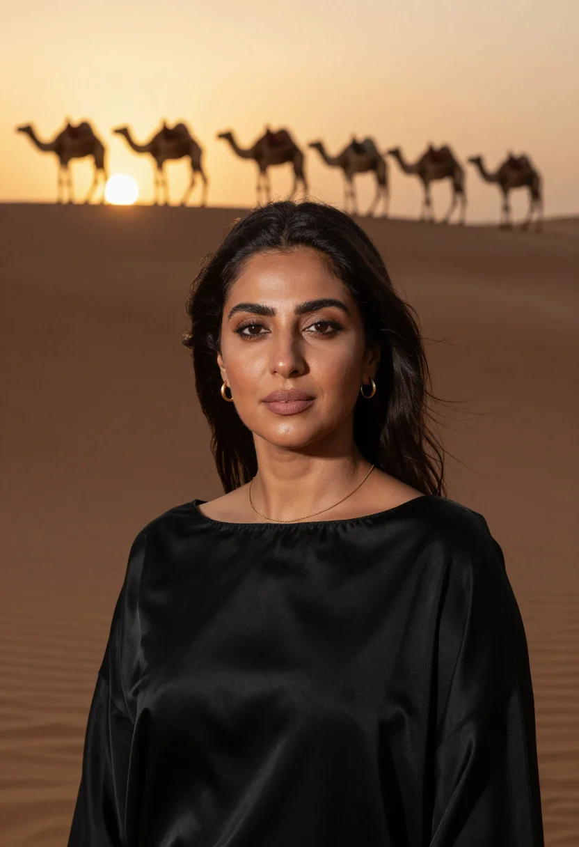 AI arabian dunes sample — portrait of a woman, head-and-shoulders portrait of a Middle