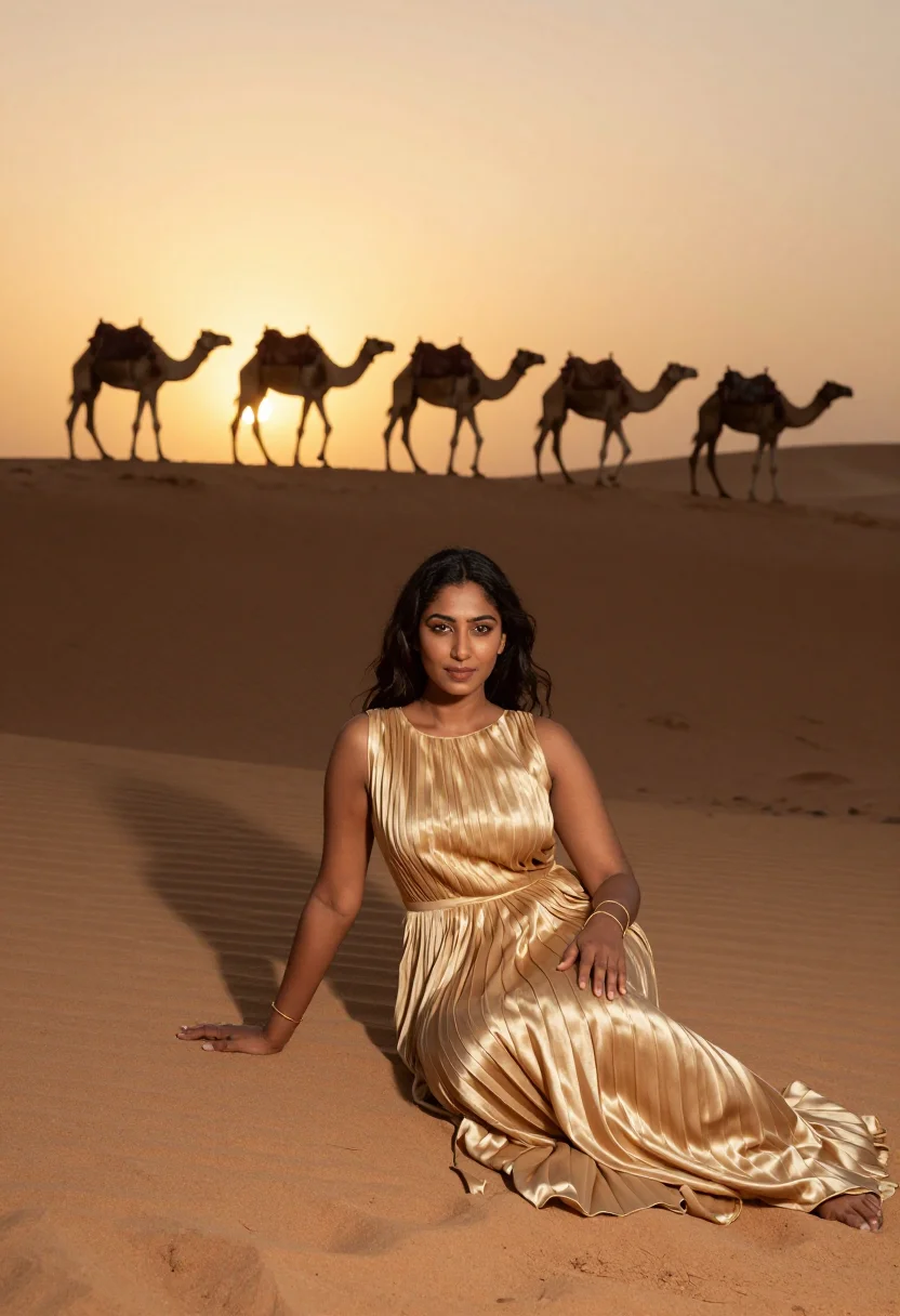 AI arabian dunes sample — portrait of a woman, full-length seated portrait of a South-