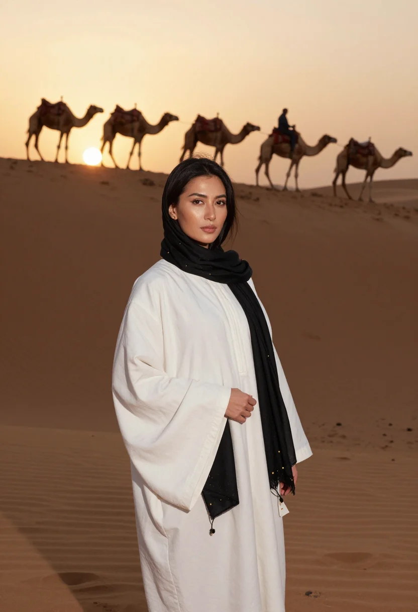 AI arabian dunes sample — portrait of a woman, three-quarter-length portrait of an Eas