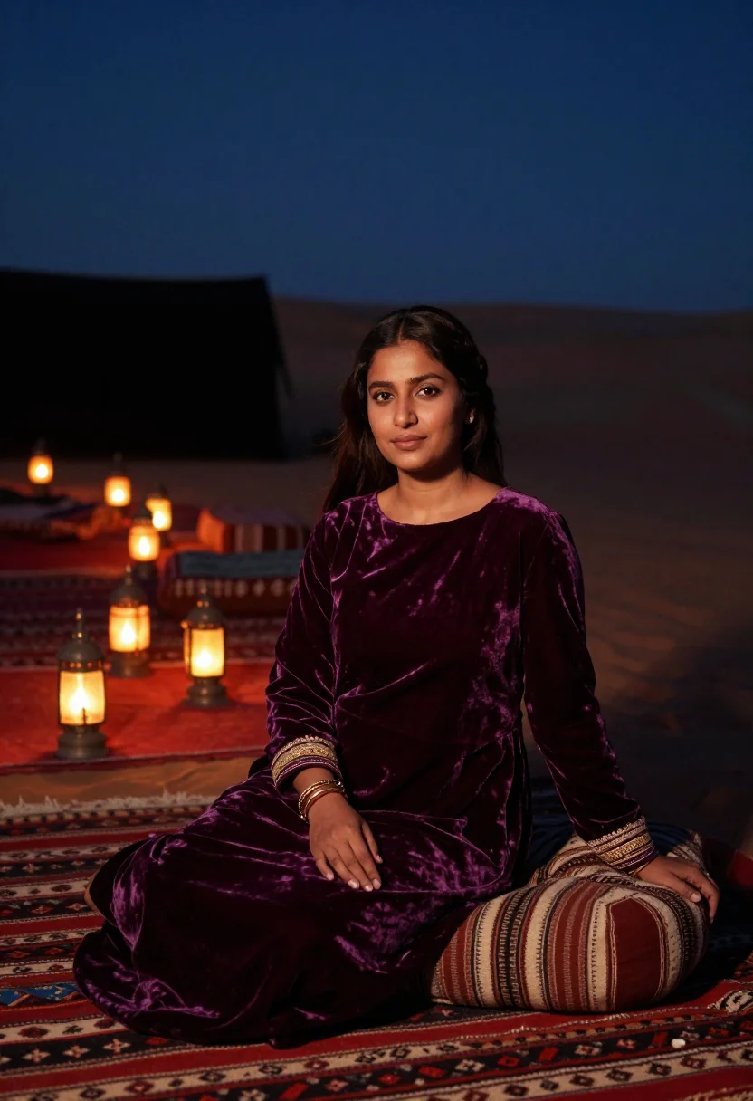 AI arabian dunes sample — portrait of a woman, three-quarter-length seated portrait of