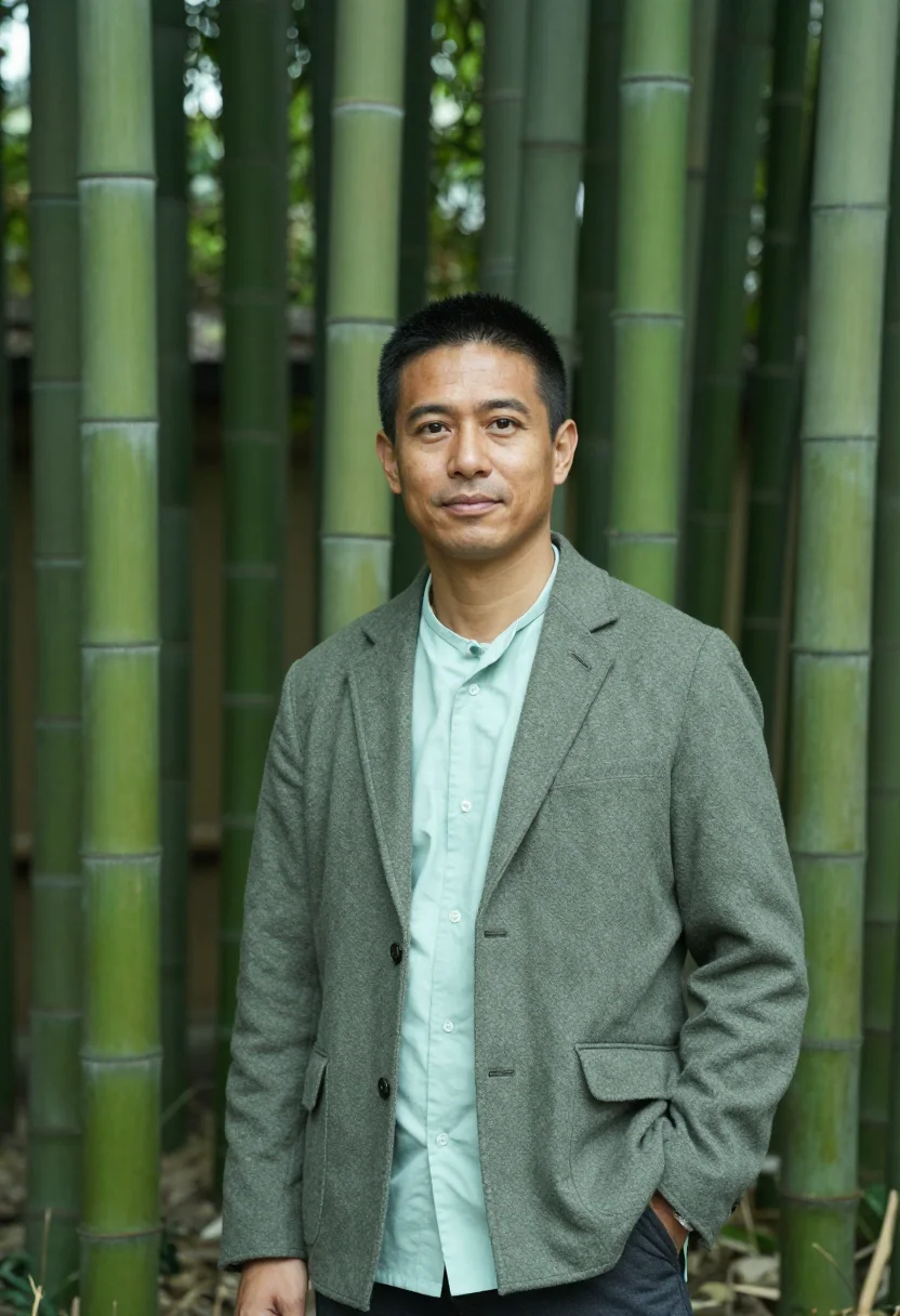 AI arashiyama ryokan owner bamboo green sample — portrait of a man, a ryokan owner in his early forties with
