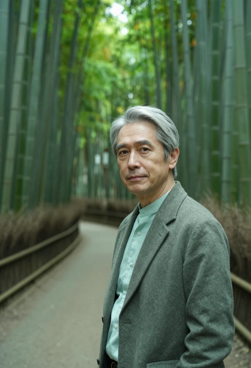 AI arashiyama ryokan owner bamboo green sample — portrait of a man, a ryokan owner in his late thirties with