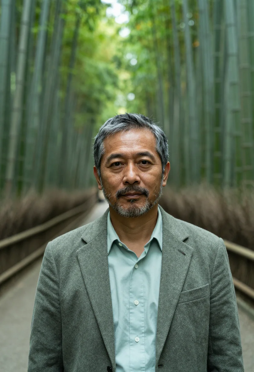 AI arashiyama ryokan owner bamboo green sample — portrait of a man, a ryokan owner in his late forties with w