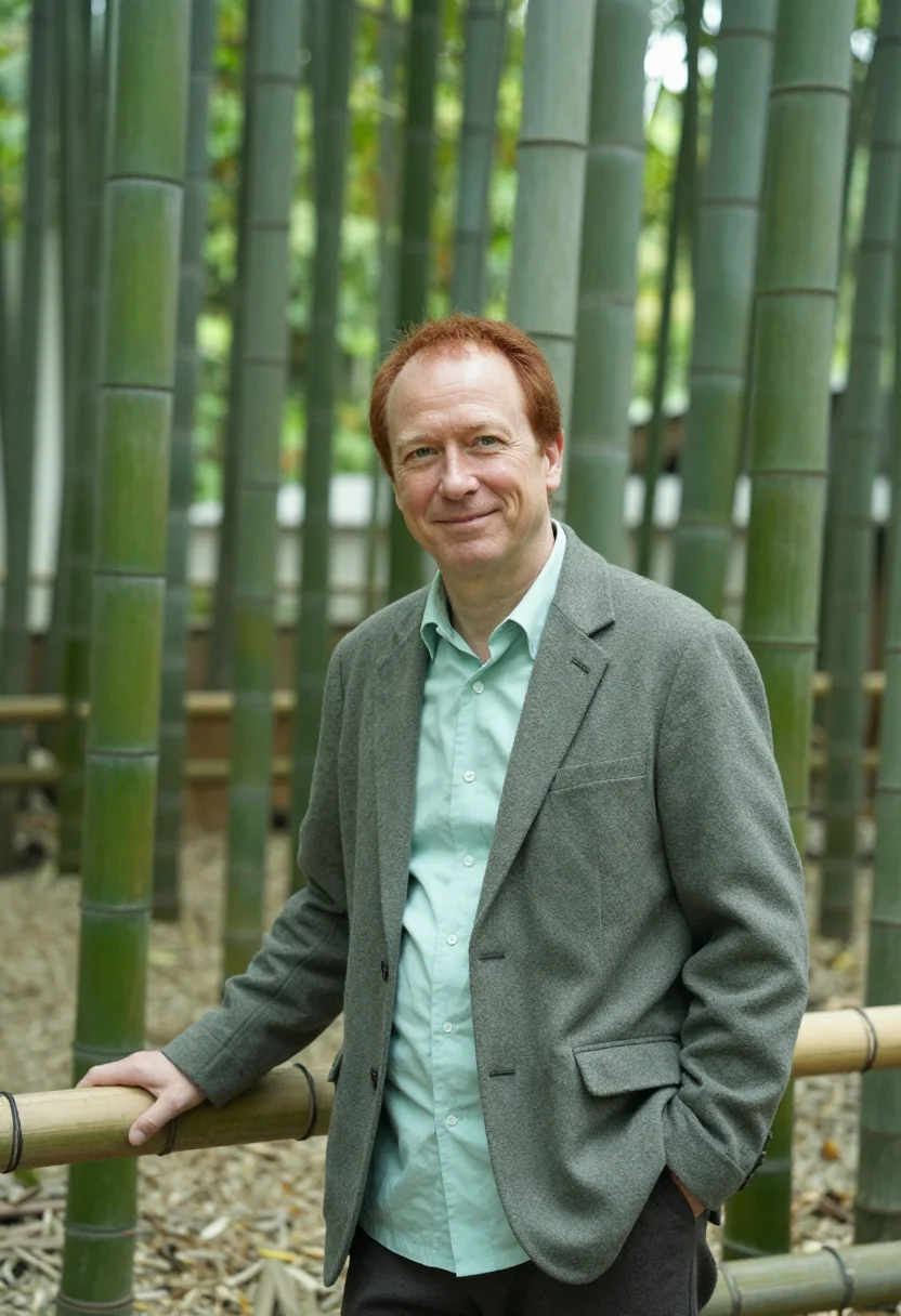 AI arashiyama ryokan owner bamboo green sample — portrait of a man, a ryokan owner in his early fifties with