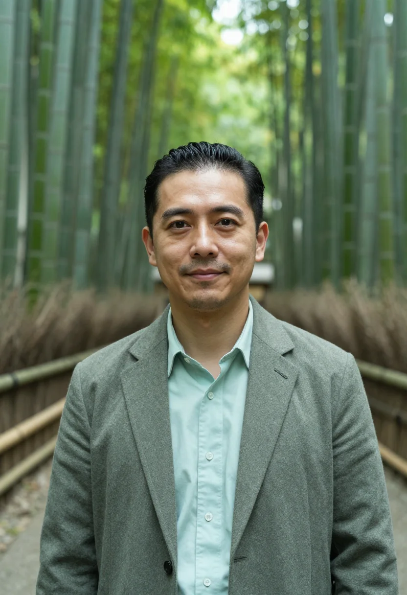 AI arashiyama ryokan owner bamboo green sample — portrait of a man, a ryokan owner in his thirties with olive