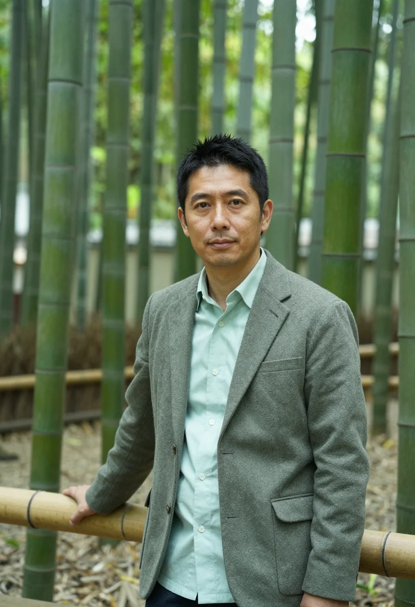 AI arashiyama ryokan owner bamboo green sample — portrait of a man, a Japanese ryokan owner in his mid-fortie