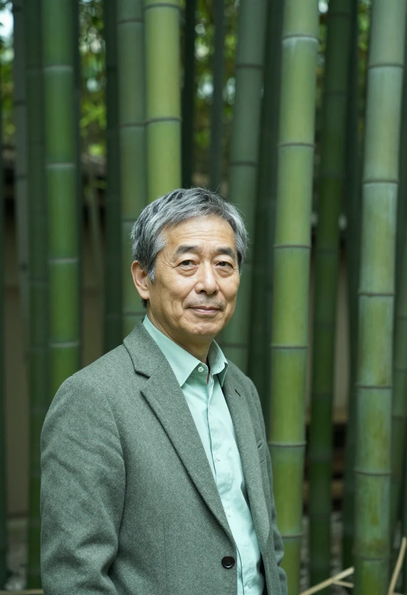 AI arashiyama ryokan owner bamboo green sample — portrait of a man, a Japanese ryokan owner in his late fifti