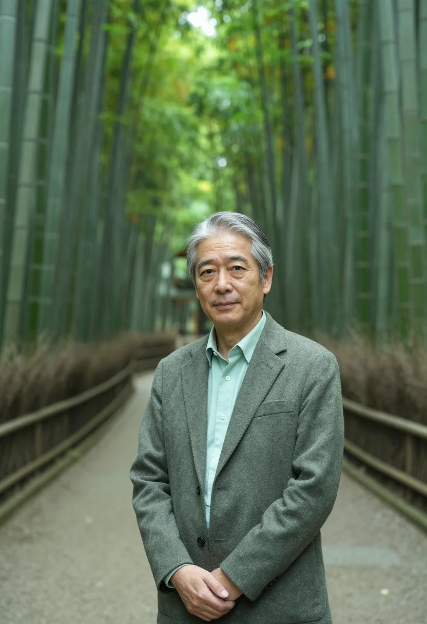 AI arashiyama ryokan owner bamboo green sample — portrait of a man, a Japanese ryokan owner in his sixties wi