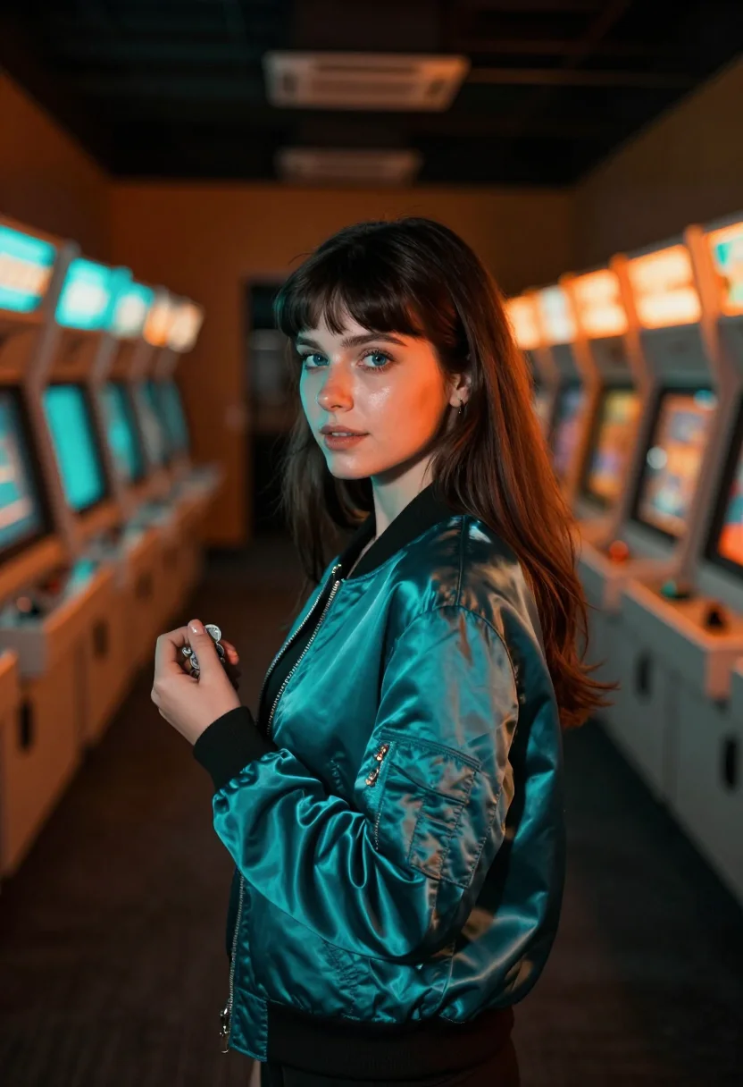 AI arcade neon orange teal sample — portrait of a woman, framed chest-up, cropped at the ribs, t