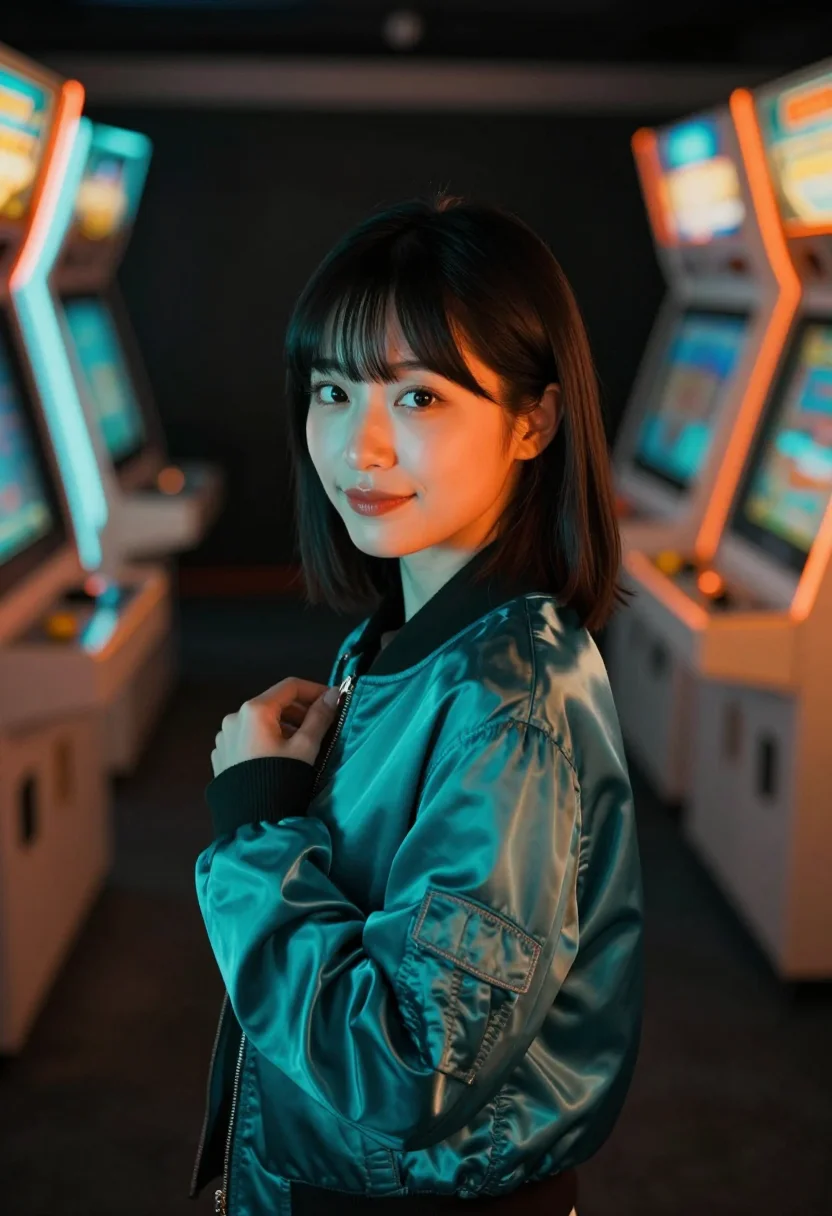 AI arcade neon orange teal sample — portrait of a woman, framed chest-up, cropped at the ribs, t