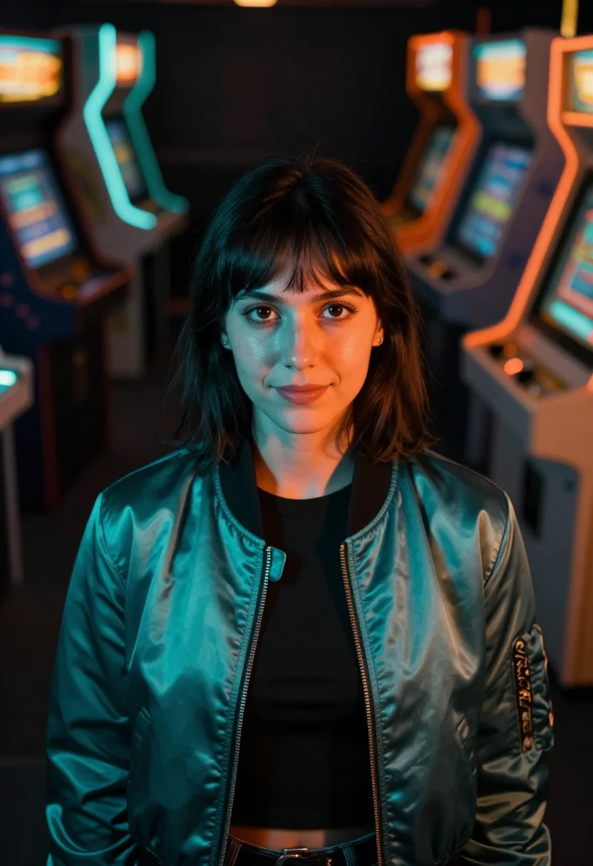 AI arcade neon orange teal sample — portrait of a woman, framed tight, head and shoulders, the b